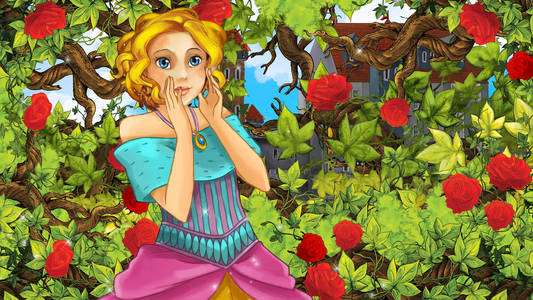 花园城堡中美丽公主的卡通场景，为儿童提供背景插图