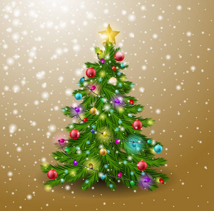 圣诞树上装饰着球 花环 降雪和颗金色的星星。枞树上金色背景