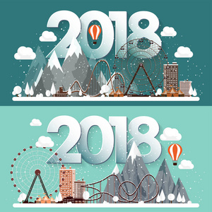 矢量图。2018 冬季城市景观。雪的城市。圣诞节和新年。城市景观。Buildings.Mountaines，自然。摩天轮公园