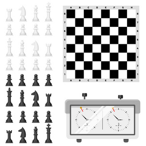 国际象棋板与棋子休闲概念骑士组黑白棋子竞赛矢量插图