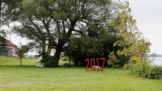 在公园的草地上签下2017年的标志