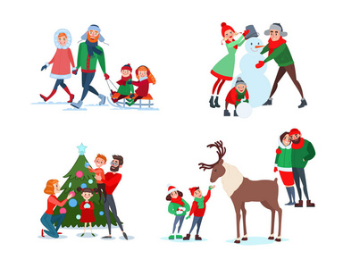 圣诞节的家庭场景。爸爸 妈妈和儿子做雪人。饲养驯鹿的孩子。家庭装饰圣诞树。父母与孩子滑雪橇。矢量图
