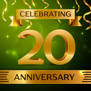 五彩纸屑和绿色背景上的金色彩带.彩色矢量模板元素为你的生日聚会的.