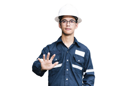 工程师或技术员在白色头盔 眼镜和蓝色工作
