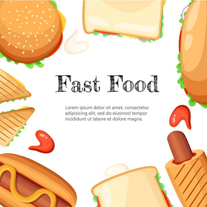 快餐店彩色框架黑色背景海报与爆米花芥末热狗和冰淇淋矢量插图网站页面和移动应用程序设计矢量元素。