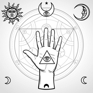 人类手中握有知识,全视之眼的神圣的金字塔.