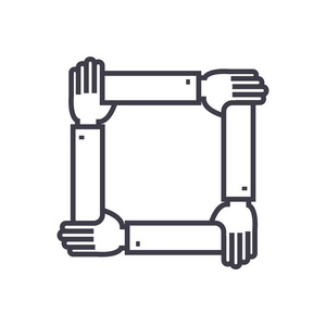 四只手在一起，援助矢量线图标 标志 插图背景，可编辑笔触
