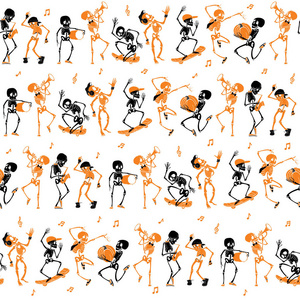 矢量橙色，黑色的舞蹈和滑板骨架 Haloween 重复模式的背景。伟大的怪异有趣方主题织物，恩赐 giftwrap