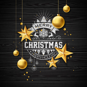 矢量快乐圣诞插画在老式木头与排版和节日元素的背景。星星和观赏性的球。Eps 10 设计