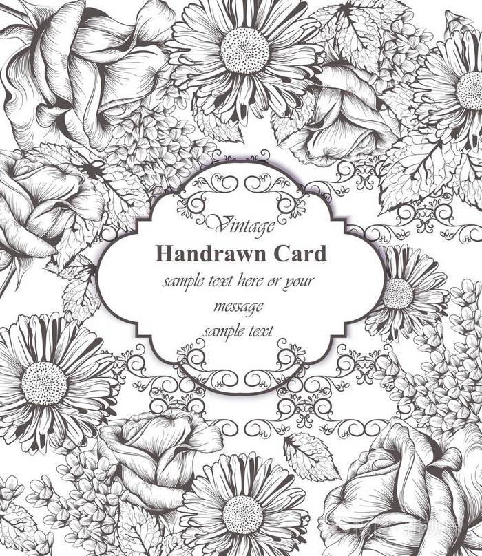 复古花卉卡.美丽的背景.手绘线条艺术图形样式