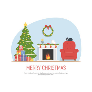 圣诞装饰客厅。舒适的房间有壁炉，红色扶手椅，圣诞树和桩的礼物。在平面样式的圣诞节背景