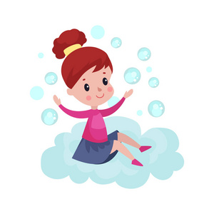 可爱的小女孩坐在云上,玩肥皂泡沫,孩子幻想与梦想的卡通矢量图照片