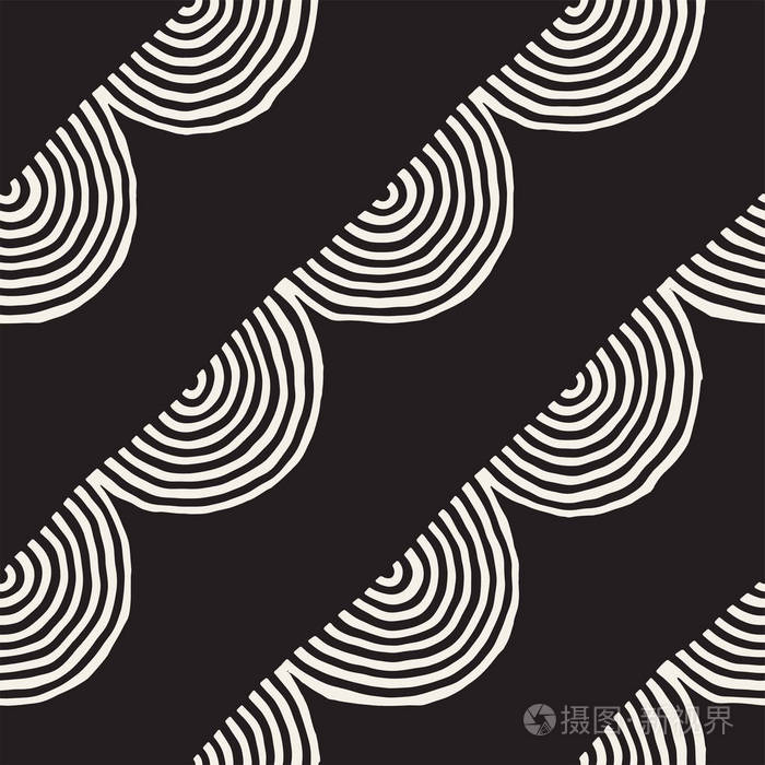 单色简约无缝图案与弧简单手工绘制纹理与圆形漆黑线矢量背景