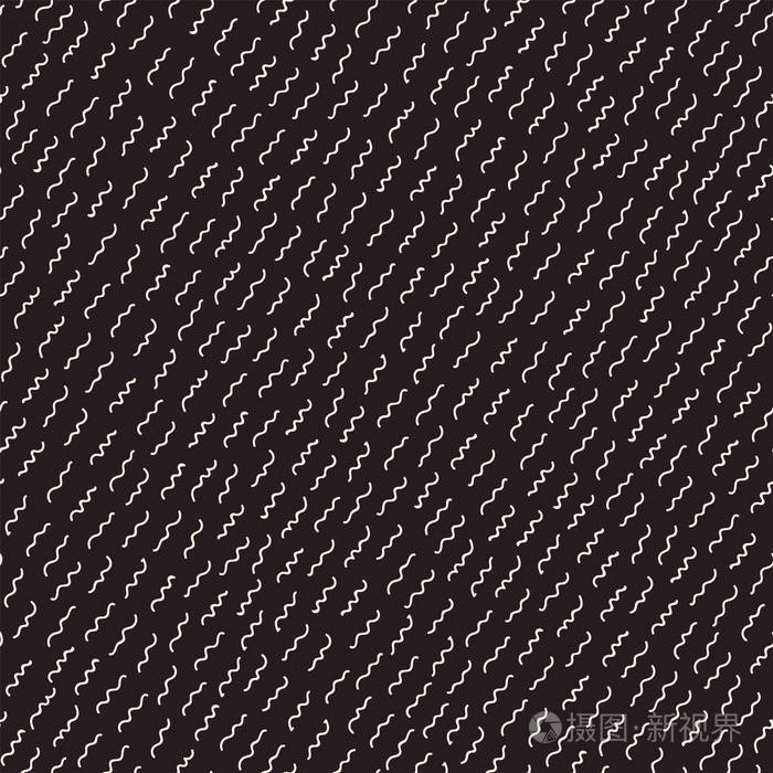 复古几何线形状无缝模式。抽象的杂乱纹理。黑色和白色分散形状