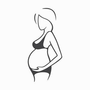 绘图线性漂亮怀孕女孩穿着黑色衣服。一个孩子的出生。矢量图形的插图，画设计的黑色和白色轮廓