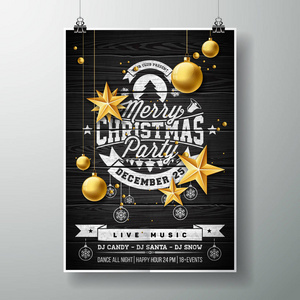 矢量节日排版元素与老式木背景上的金色星星的欢乐圣诞聚会设计