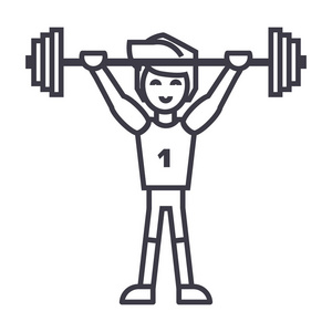 强运动员与重量的杠铃，举重矢量线图标，标志，背景，可编辑的笔画的插图