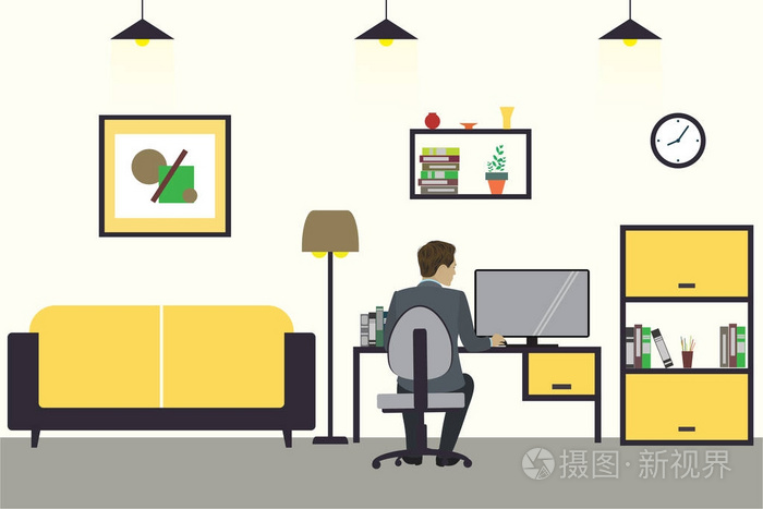 卡通商人在自己家里工作客厅室内设计