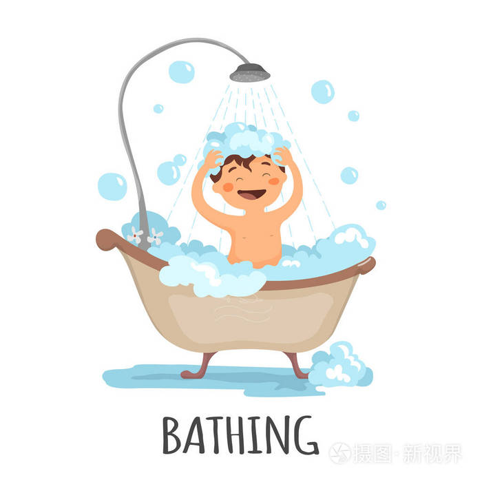 小的孩子洗澡孤立在白色背景上