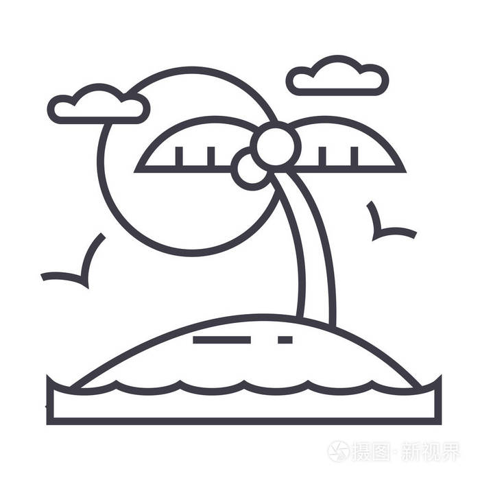 地处热带的海滩岛屿矢量线图标标志背景可编辑的笔画的插图