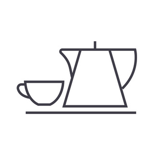 茶杯和茶壶矢量线图标 标志 插图背景，可编辑笔触