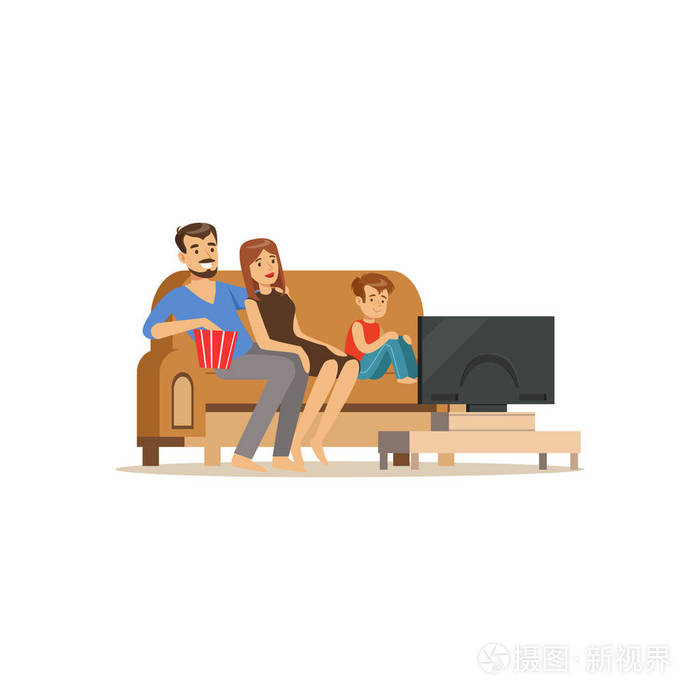 坐在客厅看电视屏幕矢量插图里的沙发上的人一起看电视插画-正版商用