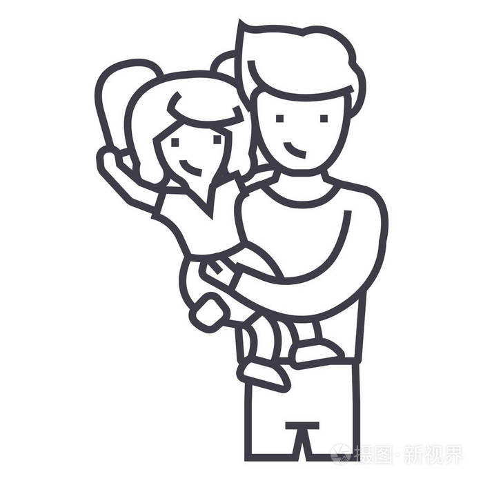 父亲与女儿,爸爸与孩子矢量线图标, 标志, 插图背景,可编辑笔触插画