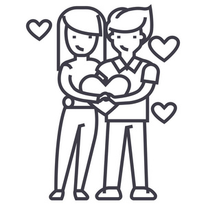 夫妻爱，爱夫妇，情人节快乐，男人和女人的心与矢量线图标 标志 插图背景，可编辑笔触