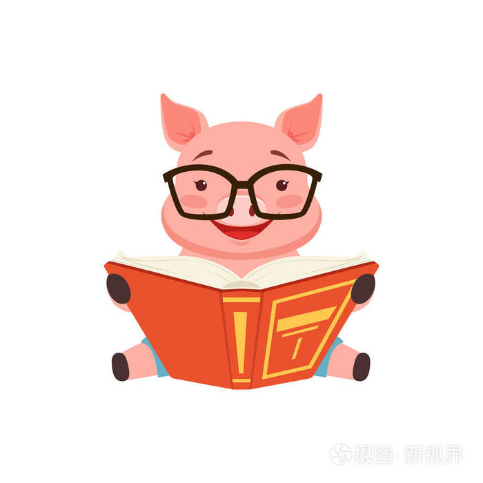 可爱聪明猪坐在地板 anf 阅读本书,可爱的卡通动物矢量图