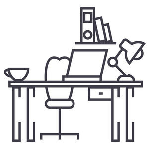 办公桌，家的书桌矢量线图标，标志，背景，可编辑的笔画的插图