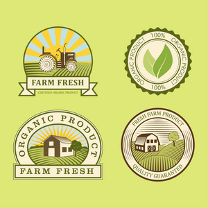 生物农场有机生态健康食品模板和餐厅菜单或包徽章的老式素食绿色颜色矢量图