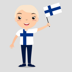 微笑的孩子，男孩，抱着孤立的白色背景上的芬兰人标志
