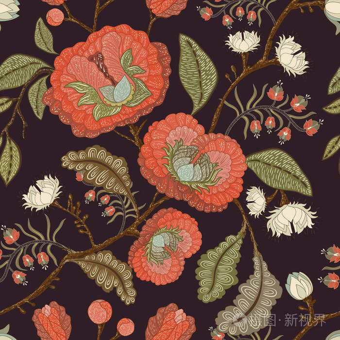 矢量无缝模式与程式化的花和植物装饰风格手绘花卉图案的壁纸花卉背景