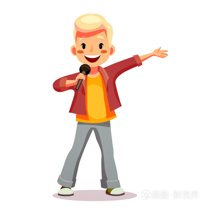 有天才的孩子唱卡拉 ok.有趣的卡通人物.上白孤立.矢量