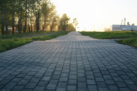 铺路石路径在夕阳消失的前景