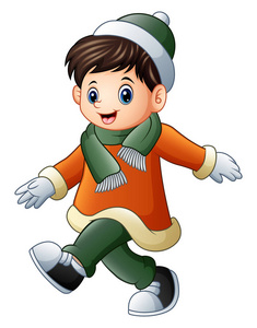 在冬天的衣服走的卡通男孩照片