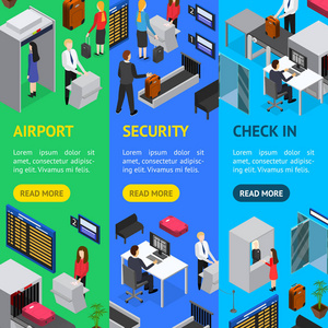 机场安全检查在横幅 Vecrtical 集等轴视图。矢量