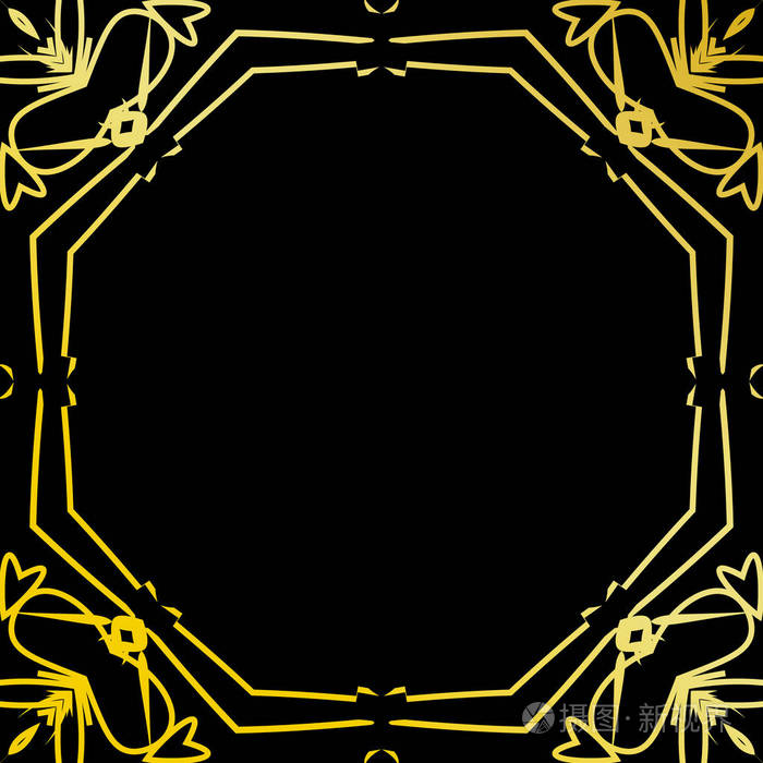 艺术装饰复古框架或边框孤立在黑色背景上的豪华设计为标志标签签署
