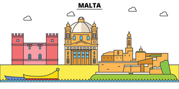 马耳他地中海。城市天际线 建筑 建筑 街道 剪影 风景 全景 地标。可编辑的笔画。平面设计线矢量图的概念。孤立的图
