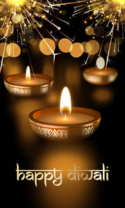 快乐的排灯节印度教节日蜡烛灯节日贺卡矢量梵语文本
