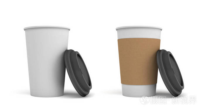 3d 渲染的两个白皮书咖啡杯子以打开黑色的盖子，带棕色控股条纹杯之一