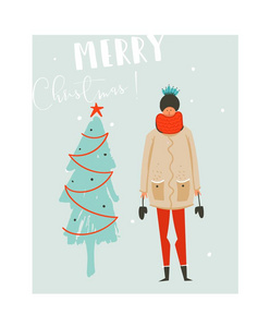 手绘矢量抽象乐趣与女孩在冬季服装和孤立在蓝色背景上的圣诞树圣诞时间图卡