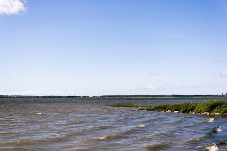 肮脏和波浪湖与绿色海岛在中间