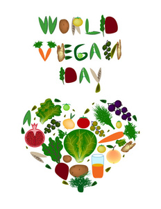 世界素食日。蔬菜和水果的心。水果和蔬菜的题词。对孤立背景矢量图