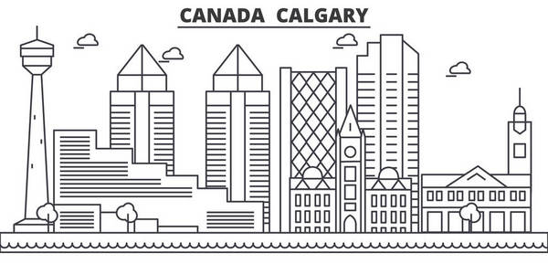 加拿大卡尔加里建筑线天际线图。线性向量的景观，如著名的地标，市内的旅游景点，设计图标。景观与可编辑笔触