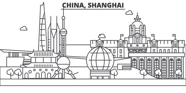 中国，上海建筑线天际线图。线性向量的景观，如著名的地标，市内的旅游景点，设计图标。景观与可编辑笔触
