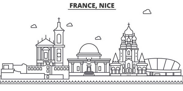 法国，尼斯建筑线天际线图。线性向量的景观，如著名的地标，市内的旅游景点，设计图标。景观与可编辑笔触