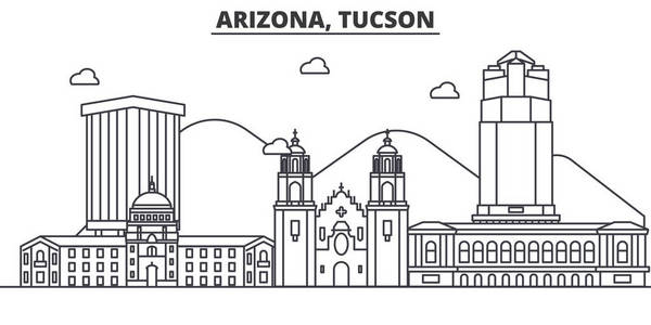 亚利桑那州图森建筑线天际线图。线性向量的景观，如著名的地标，市内的旅游景点，设计图标。景观与可编辑笔触