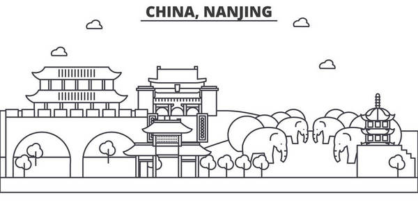 中国，南京建筑线天际线图。线性向量的景观，如著名的地标，市内的旅游景点，设计图标。景观与可编辑笔触