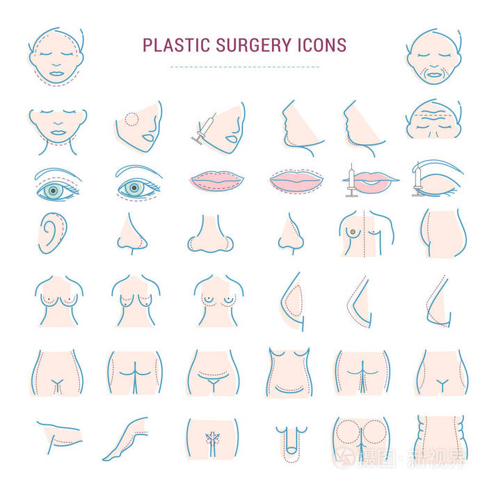 整形手术脸校正图表图标女人身体部分美容健康程序矢量图